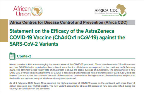 Statement On The Efficacy Of The Astrazeneca Covid 19 Vaccine Chadox1 Ncov 19 Against The Sars Cov 2 Variants Africa Cdc